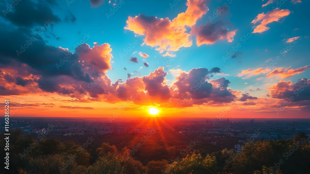 Fototapeta premium Vibrant Sunset Illuminates Cityscape with Colorful Clouds and Golden Sunlight