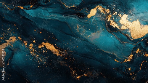 Abstract Teal And Gold Swirling Paint Design