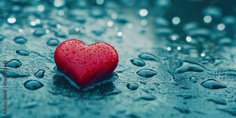 Fototapeta premium Red heart is on a wet surface