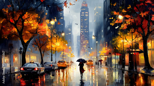 City Street Reflects in Rai...