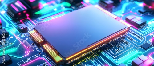 A computer chip is shown with a blue and purple background photo