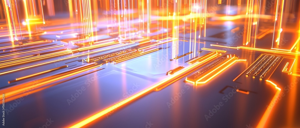 A computer chip with orange lines on it