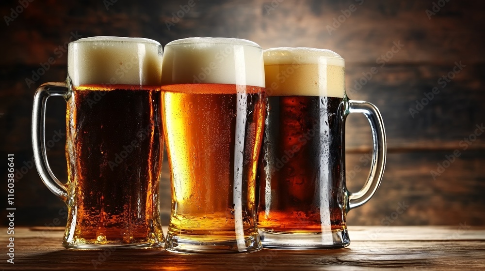 Four glassed of beer on wooden background Four glassed of beer on wooden background