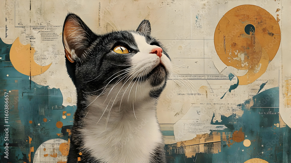 Fototapeta Curious Cat Gazes Upward in Abstract Collage Art with Geometric Shapes and Textured Background