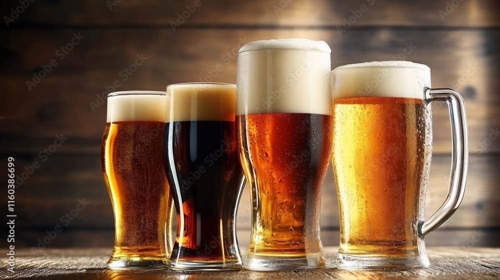 Four glassed of beer on wooden background Four glassed of beer on wooden background