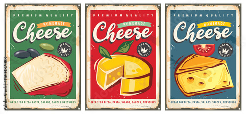 Cheese retro signs collection on old scratched metal plates. Food vector poster illustration.