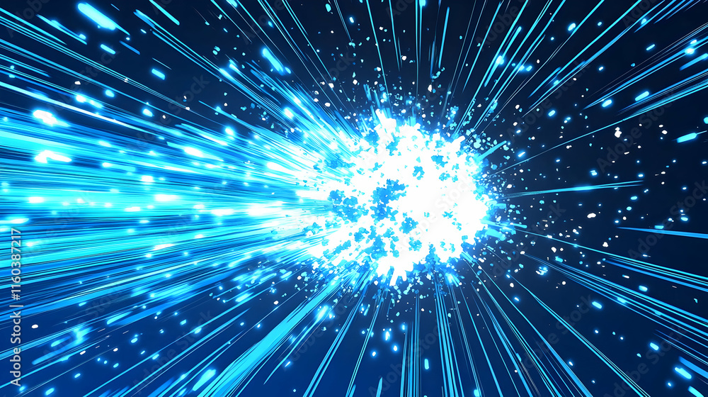 Naklejka premium Abstract Blue Light Streaks Radiate from a Bright Center with Particles Dynamically