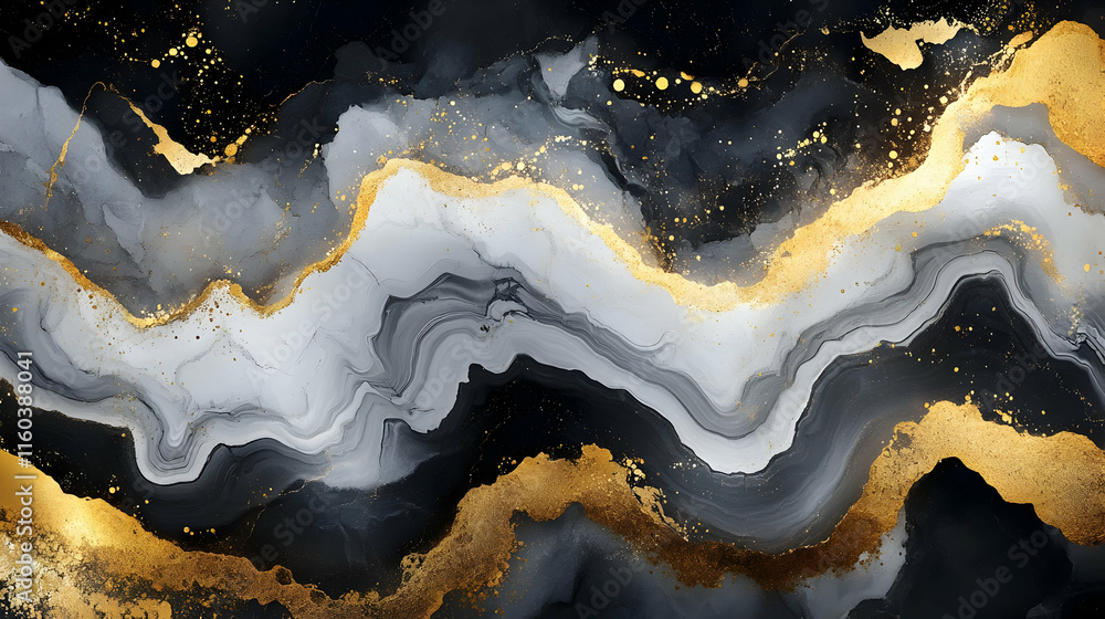 Fototapeta premium Black White Gold Abstract Art Flows Beautifully