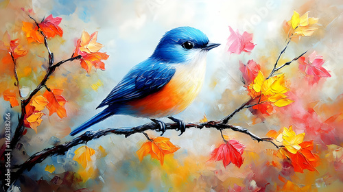 Bluebird Perches on Branch Amidst Autumn Leaves Gently