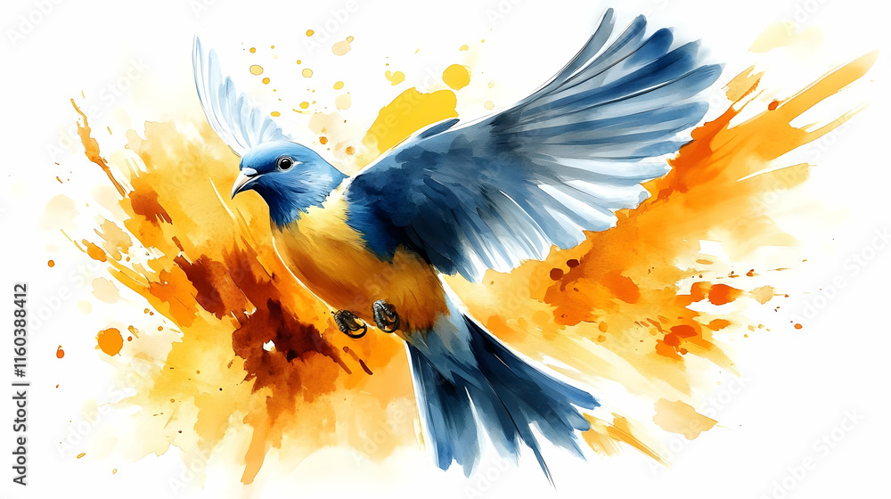 Obraz premium Bird Flies Gracefully with Orange, Blue Wings and Watercolor Splash Background