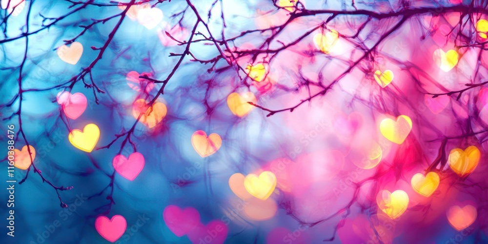 Obraz premium Tree with pink and yellow leaves and pink and yellow hearts