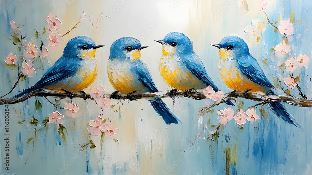 Blue Birds Perch on Branch with Pink Blossoms Gracefully Blue Birds Perch on Branch with Pink Blossoms Gracefully