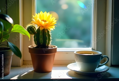Wallpaper Mural Blooming yellow cactus and cup of coffee enjoying morning sunlight on windowsill Torontodigital.ca