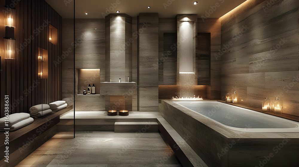Modern Bathroom Interior Design Showcases a Luxurious Soaking Tub with Waterfall Feature and Ambient Lighting. Modern Bathroom Interior Design Showcases a Luxurious Soaking Tub with Waterfall Feature and Ambient Lighting.