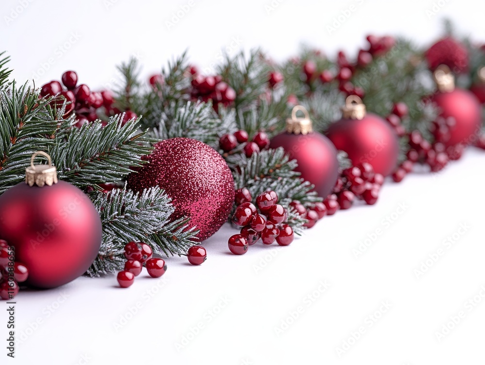 A festive arrangement featuring red ornaments, pine branches, and berries for holiday decoration. A festive arrangement featuring red ornaments, pine branches, and berries for holiday decoration.