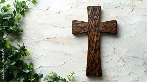 Wooden Cross and Green Leav...