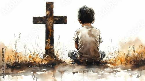 Child Sits by Cross Reflect...