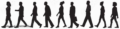 business people walking with hand bags, men and women in full length and side view silhouette. Vector silhouette illustration isolated of businesspeople on white background