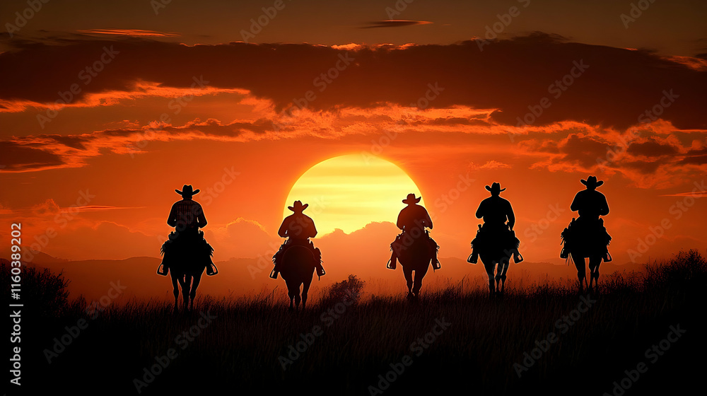Four Horse Riders Silhouetted Against a Dramatic Sunset Sky during twilight Four Horse Riders Silhouetted Against a Dramatic Sunset Sky during twilight