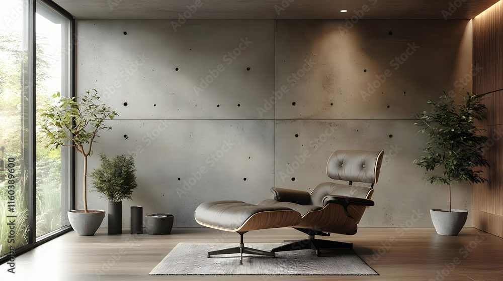 Modern Lounge Chair in a Room with Concrete Wall, Wood Floors, and Plants near Large Window with Greenery Modern Lounge Chair in a Room with Concrete Wall, Wood Floors, and Plants near Large Window with Greenery