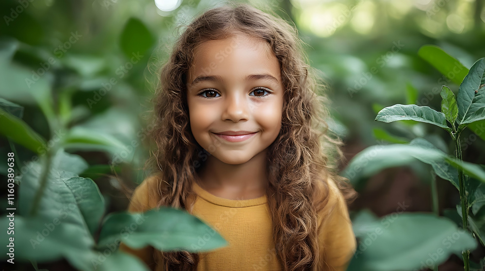 Child Smiles in Lush Green Garden, Embracing Nature's Beauty Serenely Child Smiles in Lush Green Garden, Embracing Nature's Beauty Serenely