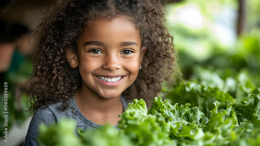 Child Smiles with Fresh Lettuce, Promoting Healthy Eating Habits Joyfully Child Smiles with Fresh Lettuce, Promoting Healthy Eating Habits Joyfully