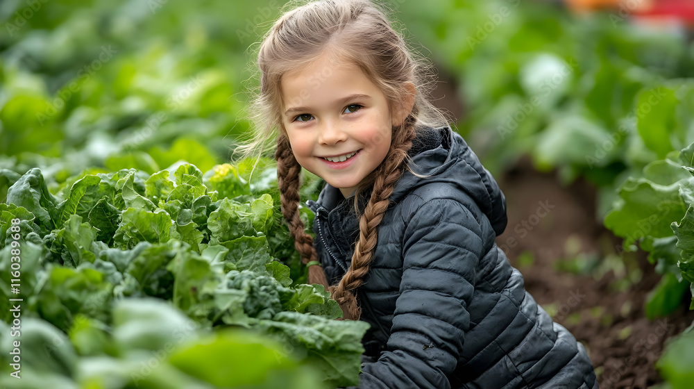 Child Explores Garden with Fresh Green Vegetables Happily Smiling Child Explores Garden with Fresh Green Vegetables Happily Smiling