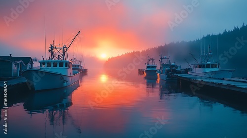 Wallpaper Mural Quiet Sunrise Over Fishing Boats at Dock in Misty Background Torontodigital.ca