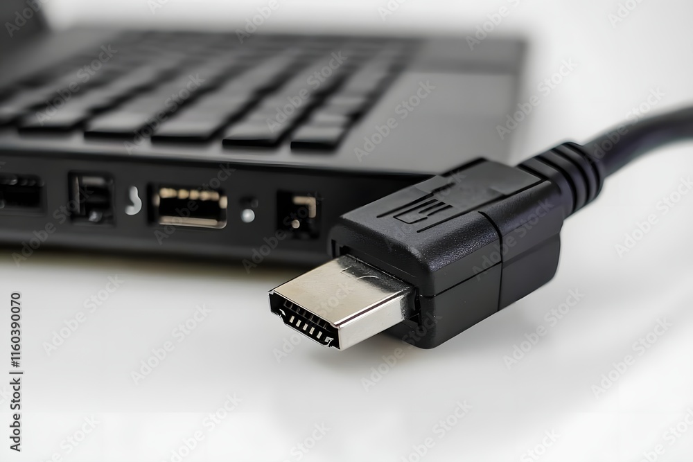 A close-up of an HDMI cable connected to a laptop's port, illustrating technology use. A close-up of an HDMI cable connected to a laptop's port, illustrating technology use.