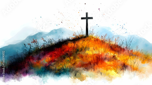 Cross Stands on Hilltop wit...