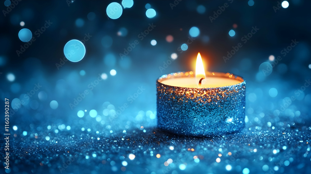 Blue Candle Burns Brightly on Glitter, Creating a Festive Atmosphere Blue Candle Burns Brightly on Glitter, Creating a Festive Atmosphere