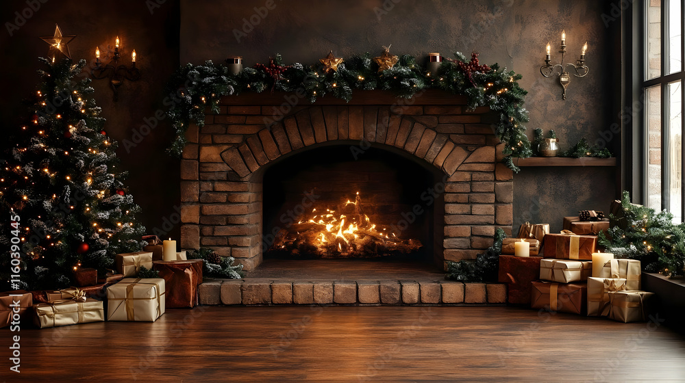 Cozy Christmas Interior Design with Fireplace, Decorated Tree, and Gifts, in a Warmly Lit Room. Cozy Christmas Interior Design with Fireplace, Decorated Tree, and Gifts, in a Warmly Lit Room.