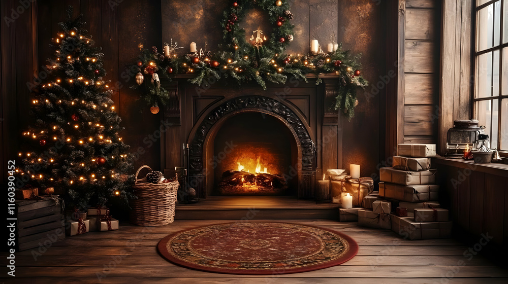 Cozy Christmas Interior with Fireplace, Tree, Gifts, Candles Creates a Warm and Festive Atmosphere. Cozy Christmas Interior with Fireplace, Tree, Gifts, Candles Creates a Warm and Festive Atmosphere.