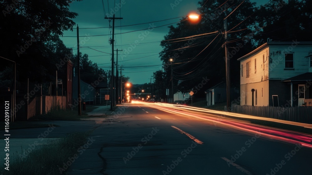 Fototapeta premium Night street scene with light trails and houses.