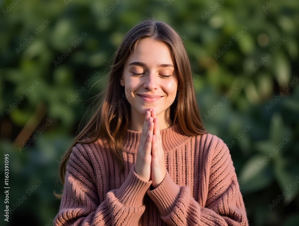 Smiling Woman Meditating Outdoors in Prayer Pose Smiling Woman Meditating Outdoors in Prayer Pose
