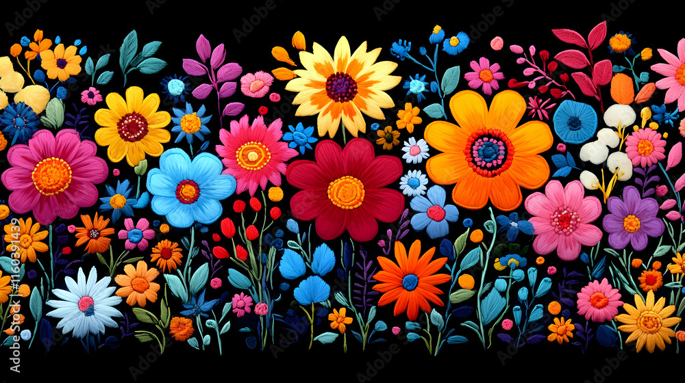Vibrant Flowers Bloom Brightly on Black Background, Floral Design Vibrant Flowers Bloom Brightly on Black Background, Floral Design