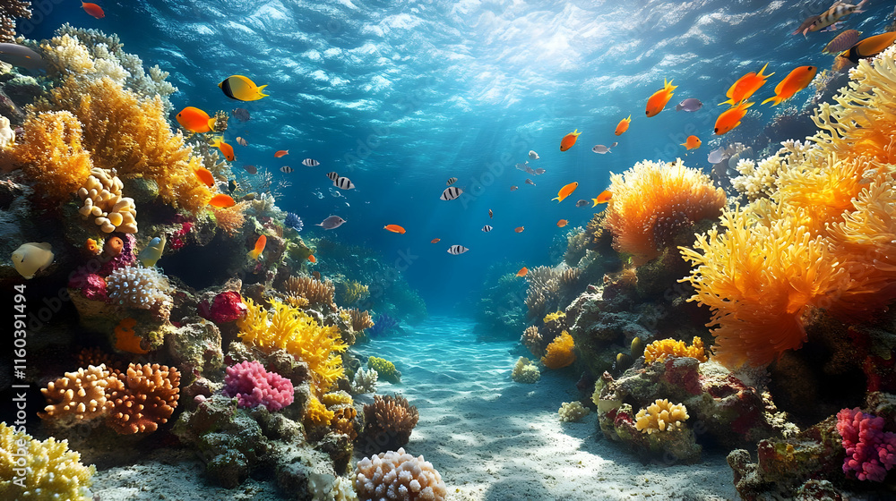 Fototapeta premium Vibrant Coral Reef Ecosystem Thrives with Colorful Fish in Clear Blue Ocean Water