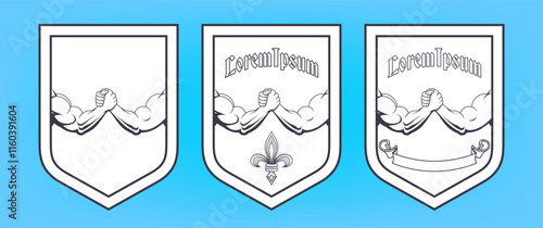 Vector black and white set of vintage heraldic emblems and coats of arms. Knight shield with powerful muscular male arms, arm wrestling. Stylistic lily and empty ribbon pattern. Sample. Lorem ipsum