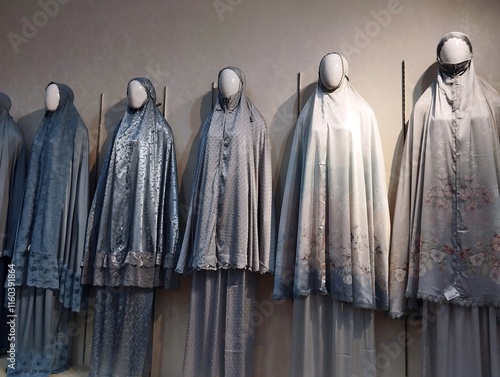 Mannequins wearing hijab and mukena (prayer gown or prayer robe or prayer hijab) photo