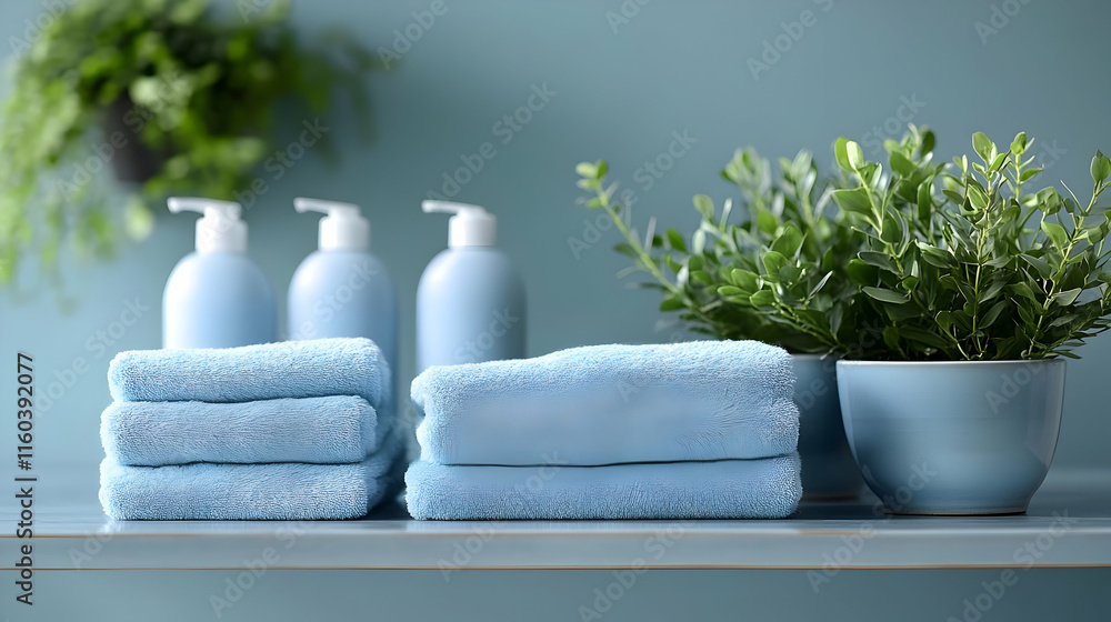 Soft Blue Towels and Dispensers on Shelf with Green Plant in Pot Adding Freshness to the Space Soft Blue Towels and Dispensers on Shelf with Green Plant in Pot Adding Freshness to the Space