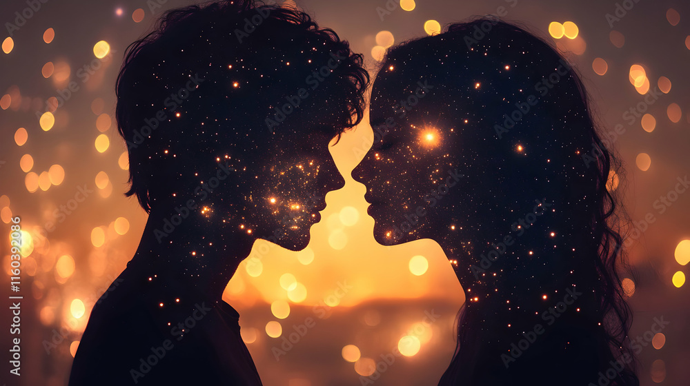 Couple Silhouette Shares Cosmic Connection Under Twinkling Lights at Sunset Couple Silhouette Shares Cosmic Connection Under Twinkling Lights at Sunset