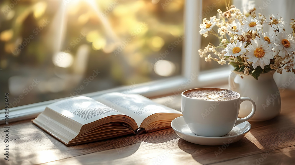 Morning Coffee Enhances Reading by the Window with Flowers Gently Morning Coffee Enhances Reading by the Window with Flowers Gently