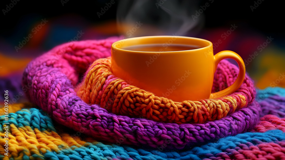 Hot Drink Steams in Cozy Knit Scarf: Warmth and Comfort Hot Drink Steams in Cozy Knit Scarf: Warmth and Comfort