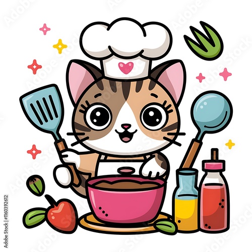 Kawaii Chef Cat Cooking Vector Illustration photo