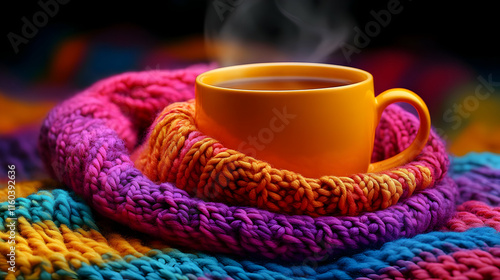 Hot Drink Steams in Cozy Kn...
