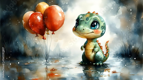Cute Dinosaur Holds Balloon...