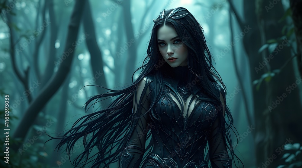 A dark fantasy woman stands in a mystical forest with a serious expression on her face A dark fantasy woman stands in a mystical forest with a serious expression on her face