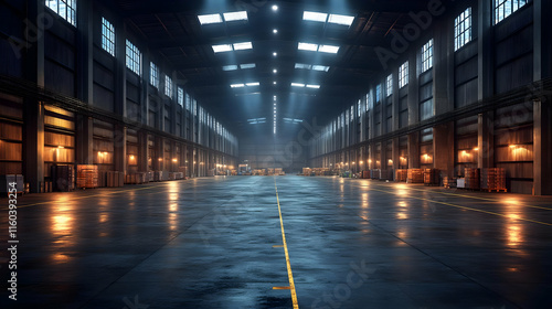 Empty Warehouse Interior with Goods Illuminates Industrial Scene with Dramatic Lighting