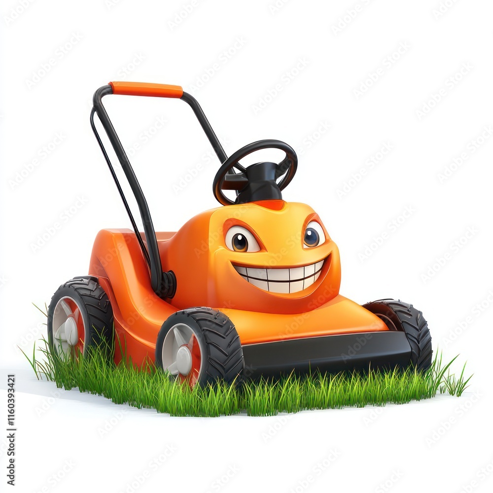 A smiling electric lawn mower cutting grass. vector style art 3d illustration Isolated on White Background A smiling electric lawn mower cutting grass. vector style art 3d illustration Isolated on White Background