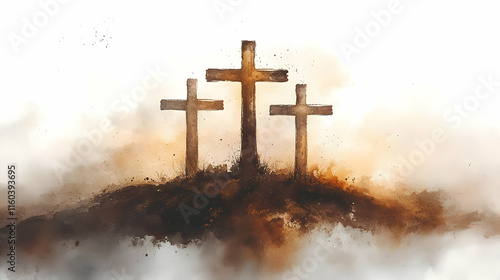 Three Crosses Stand on Hill...